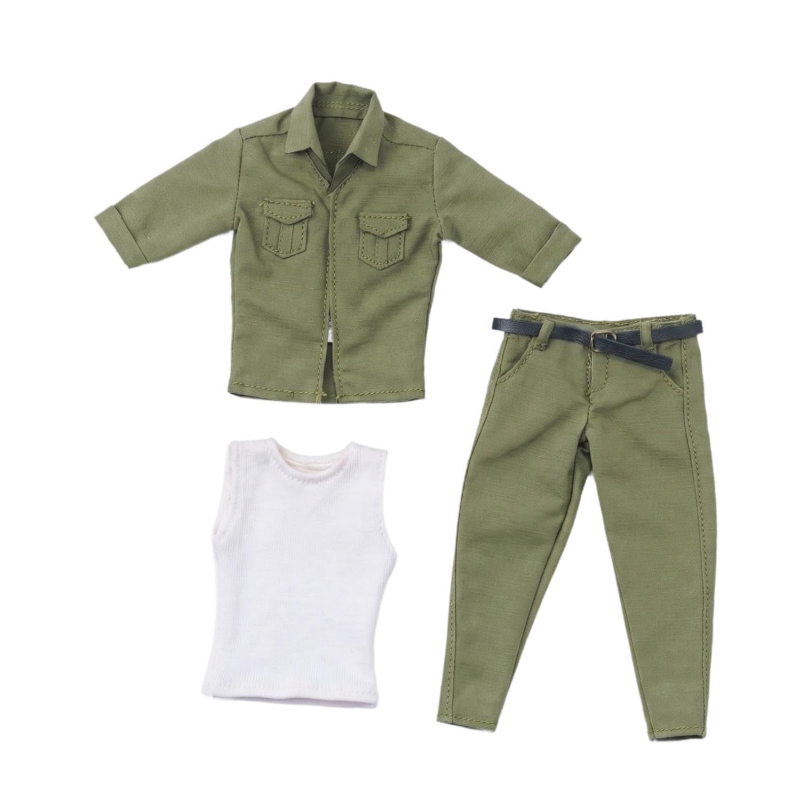 Miniatura Set Abbigliamento Bambola Camicia Pantaloni Gilet Abiti Accessori Tessuto Realistico con Cintura per Figure Azione Adatto per Collezione Reg, Verde