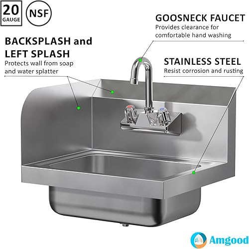 Vista 44 de AmGood Fregadero de mano de acero inoxidable para montaje en pared con grifo Lavabo comercial de lavado de manos para restaurante, cocina NSF