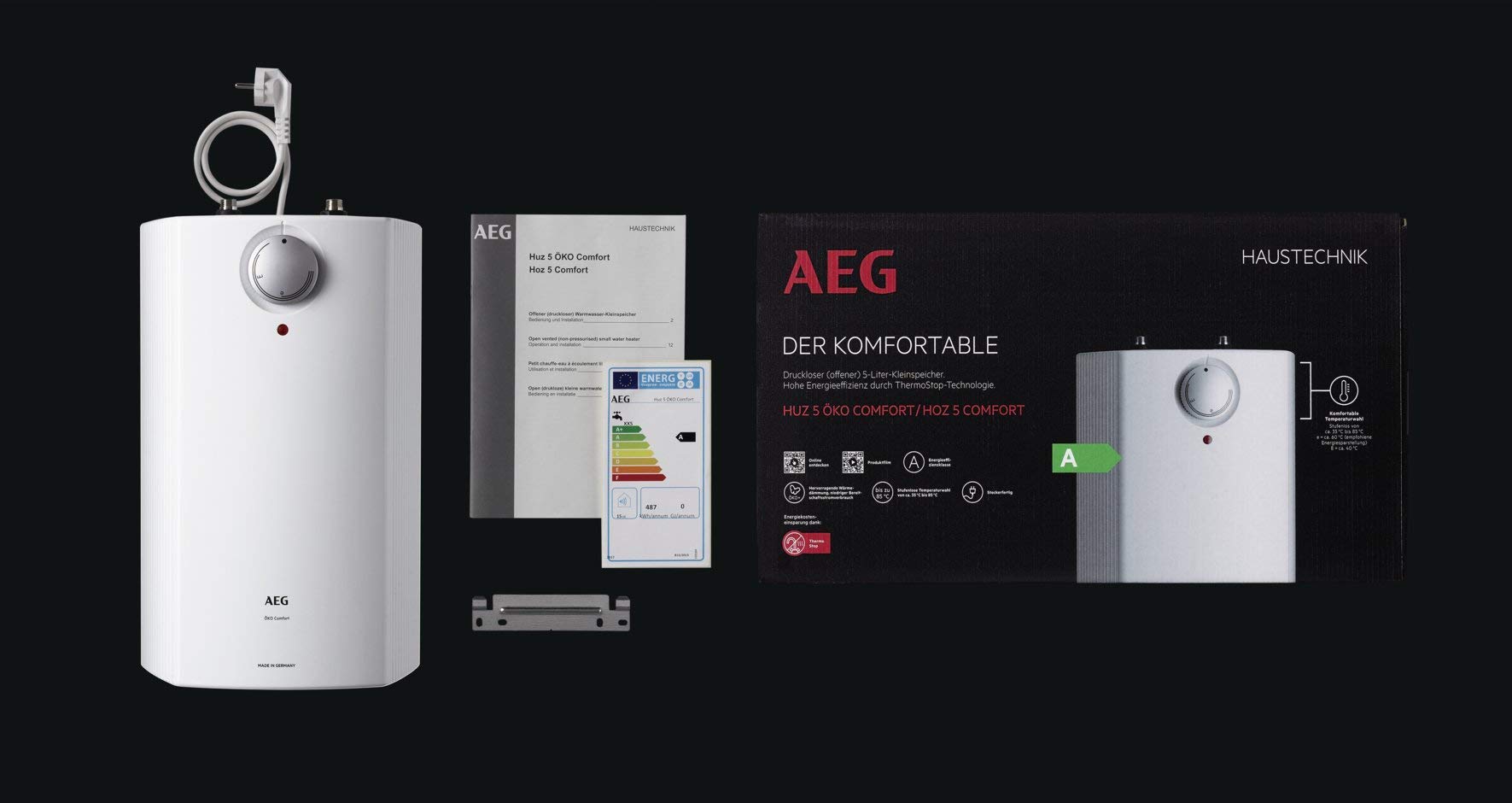 AEG druckloser Kleinspeicher Hoz 5 Comfort, Übertischboiler 5 Liter Niederdruck, 2 kW, steckerfertig, 222154