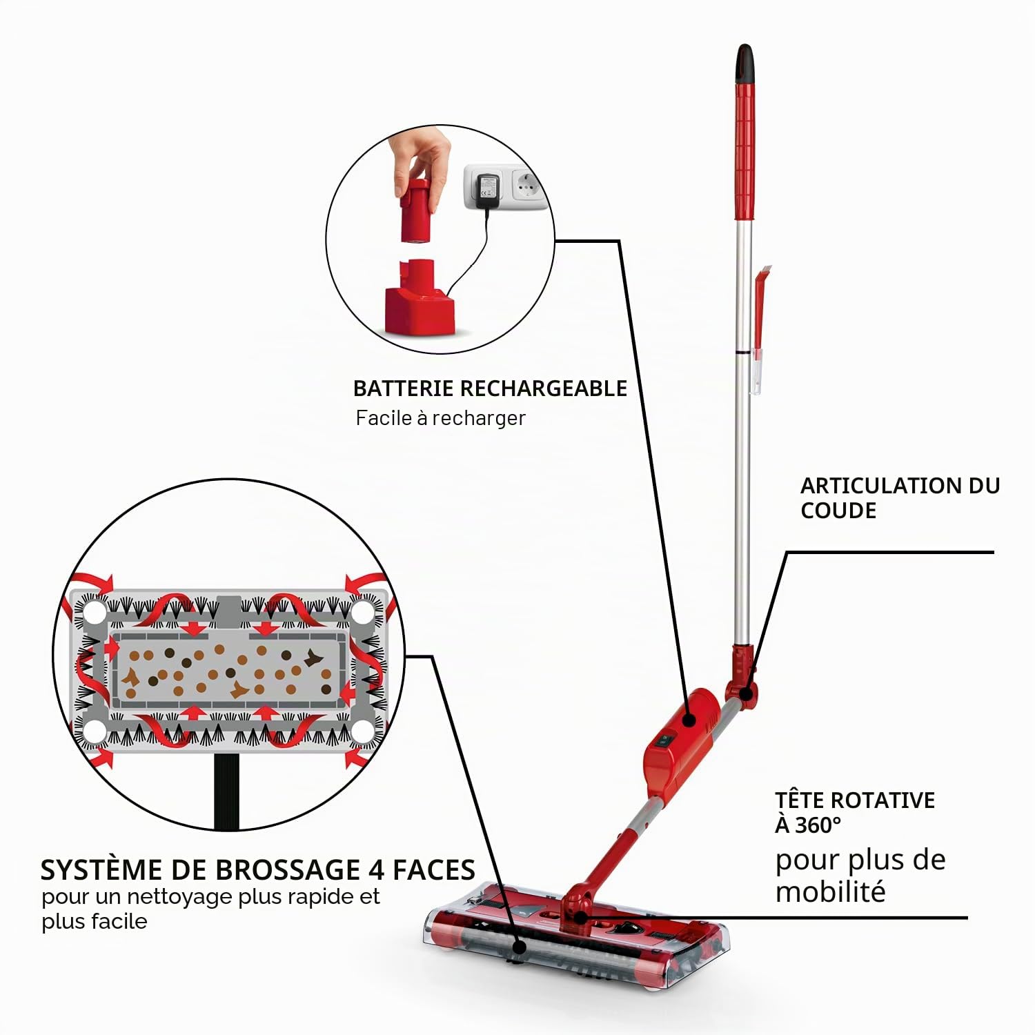 Balai sans fil Swivel Sweeper + batterie supplémentaire – Récupération facile des miettes – Sans fil, sans sac et rechargeable – Balai avec articulation articulée qui ménage le dos et rotation à 360°
