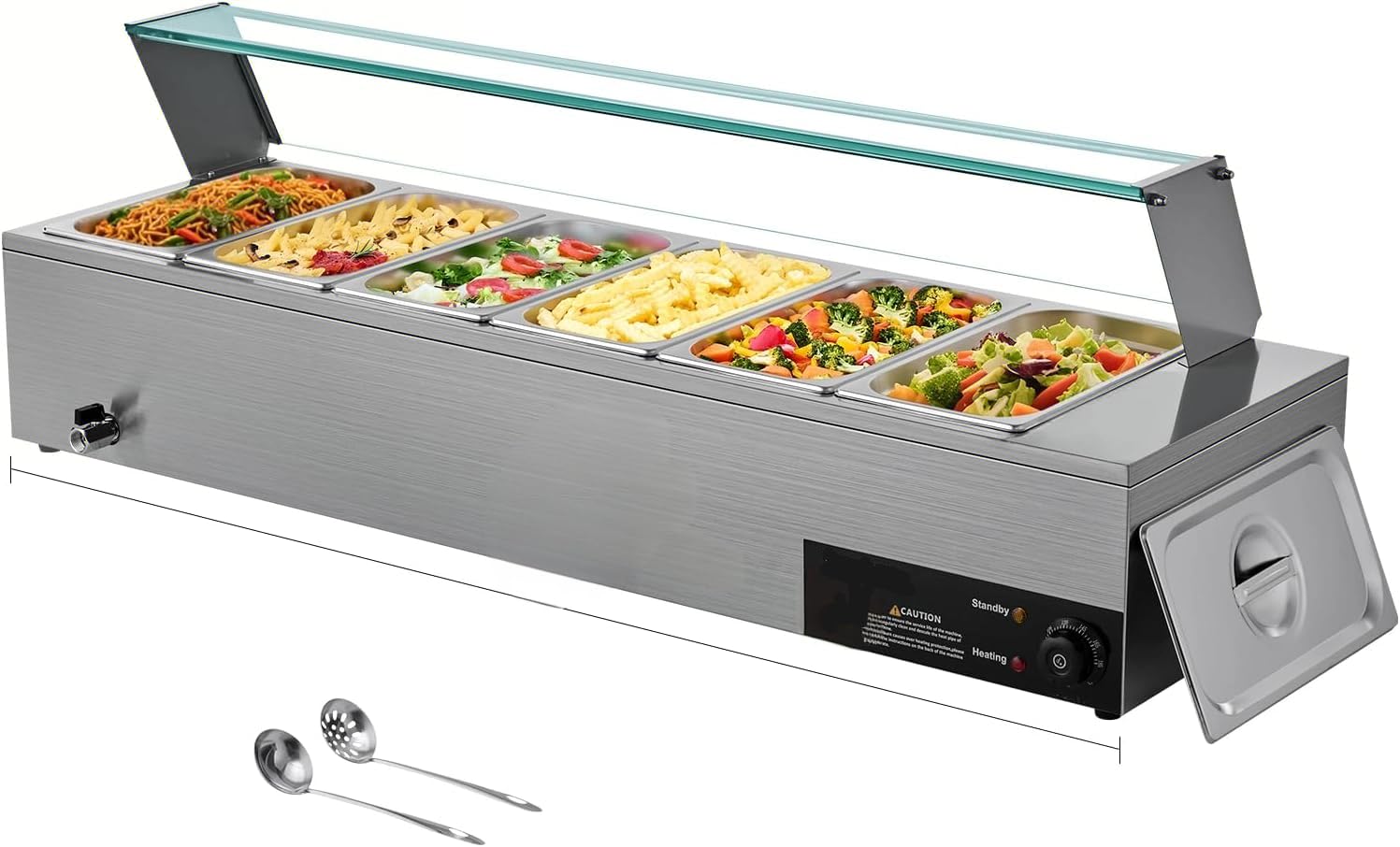 VEVOR Scaldavivande Commerciale, Scaldavivande Elettrico in Acciaio Inox da 1500 W con Coperchio in Vetro, Bagnomaria da Banco a 6 Teglie da 1/3, con Zuppa e Mestoli Forati, per Ristoranti