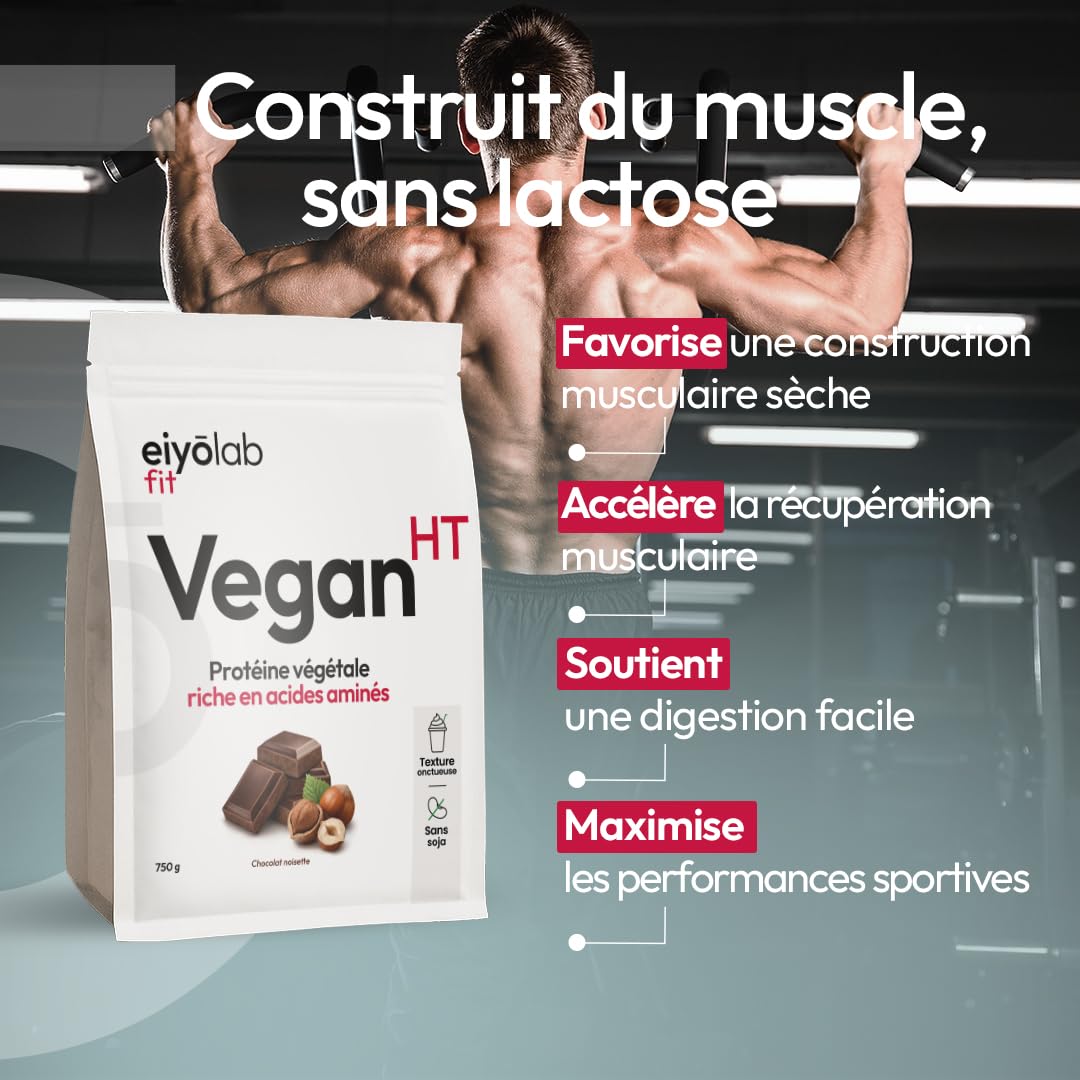 Vegan HT | 78% de protéines | 6 sources : Pois, Riz, Chanvre, Courge, Tournesol, Isolat Féverole | Sport & Musculation | BCAA | Sans soja | Texture Onctueuse Saveur Chocolat Noisette | 750g | Eiyolab