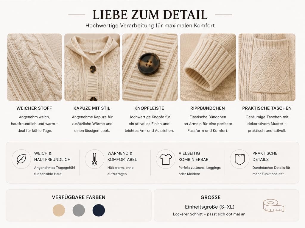 Gilet À Capuche Oversize en Maille Torsadée pour Femme Manches Longues Fermeture Boutonnée Pull en Grosse Maille Veste De Mi Saison pour L'Automne et l'hiver Tenue Décontractée