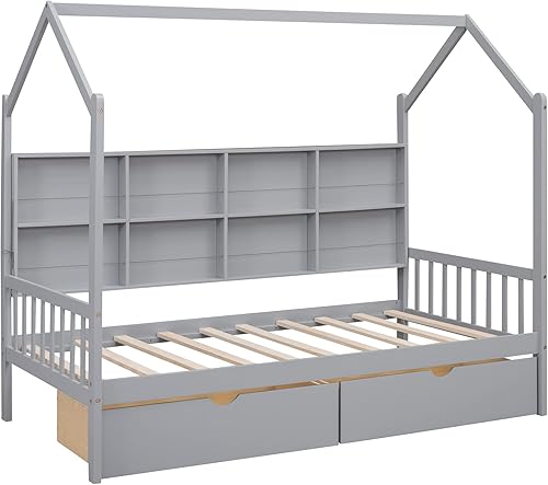 Miniatura 5 de Cama de casa de tamaño individual con 2 cajones y estantes de almacenamiento, cama Montessori para niños, casa de juegos de madera, marco de cama