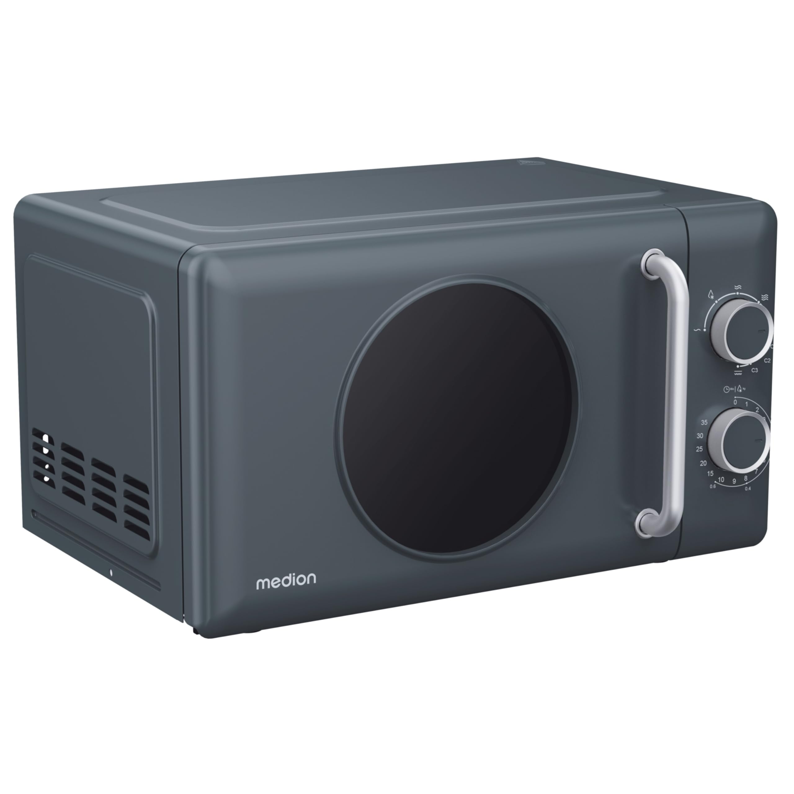 MEDION Retro Mikrowelle mit Grill klein (20 Liter kompakt, 800 Watt, 5 Mikrowellenstufen, 3 Kombi Programme, Timer, Auftaufunktion, MD100119) dunkelgrau