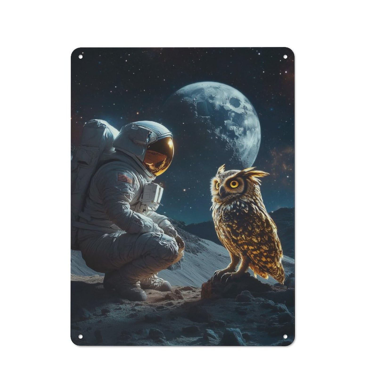 Junmoney Astronaut Meets Cosmic Owl Metal Wall Sign 40X30cm Featuring For Workshop Wall, For Makers And Diy Enthusiasts
