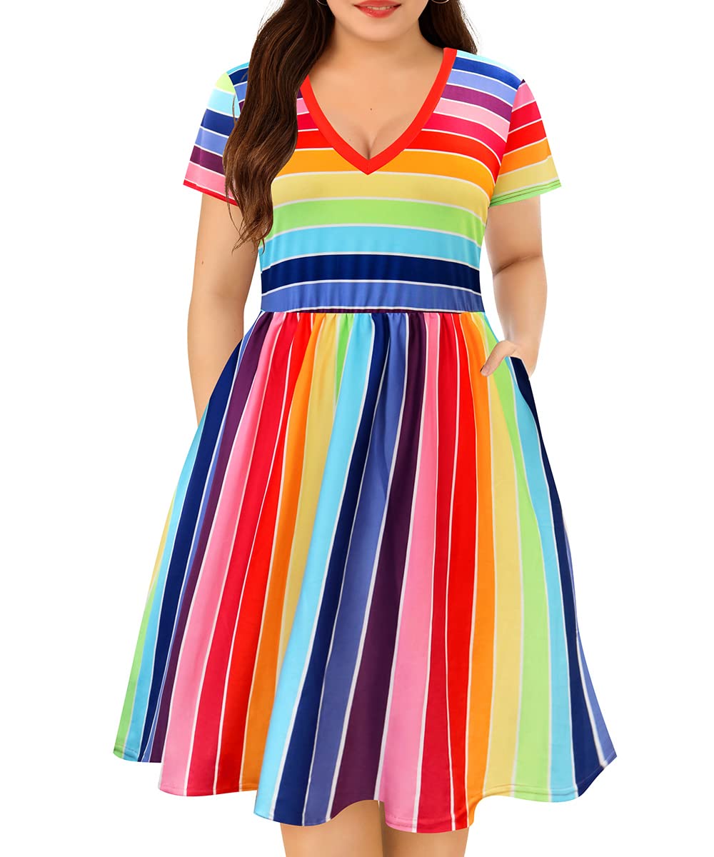 RITERA Vestidos de talla grande para mujer con curvas, vestido de verano de manga corta, cuello en V, cintura alta, vestido casual de retazos, XL-5XL