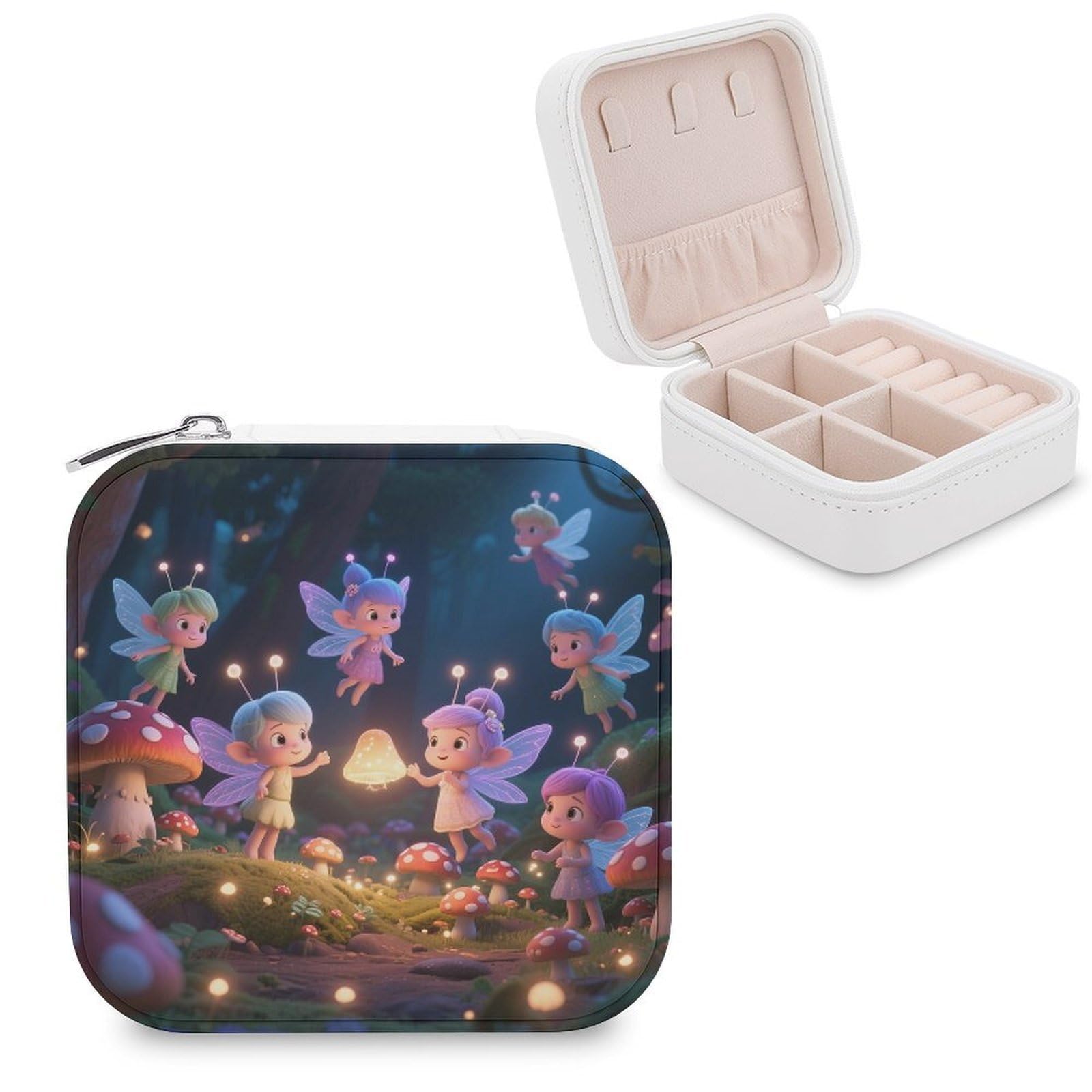 VstaDank Fairies in Mushroom Forest Jewelry Organizer Travel Case for Women With Zipper Mini Jewelry Case PU Leather Jewelrys Box for Rings Necklaces Bracelets Earring Holder Organizer Storage
