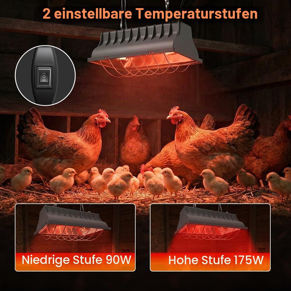 Golgner Rotlichtlampe Wärmelampe für Küken, 175W Heizlampe Hühnerstall, Wärmelampe Hühner, Wärmelampe Tiere, Ferkellampe Kückenlampe mit Schalter, für Küken, Ferkel, Welpen, Enten
