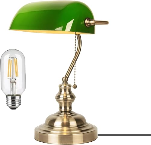 Miniatura 8 de Lámpara de escritorio de tipo banquero de cristal verde, lámparas de escritorio antiguas con base de latón, lámpara tradicional de biblioteca con