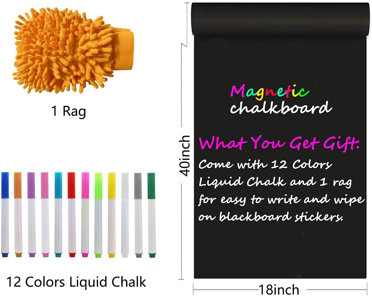 Magnetic Chalkboard Paper for Wall, 40 x 18 Self Adhesive Chalk Board Wallpaper Sticker, Removable Blackboard Wall Sticker with 1 Cleaning Cloth 12 Colors Liquid Chalk for homeschooling Playroom : Office Products