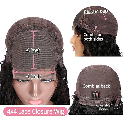 Miniatura 5 de Peluca de cabello humano corto y rizado estilo Bob, peluca con cierre de encaje 4x4, peluca de cabello humano virgen brasileño, peluca de cierre de