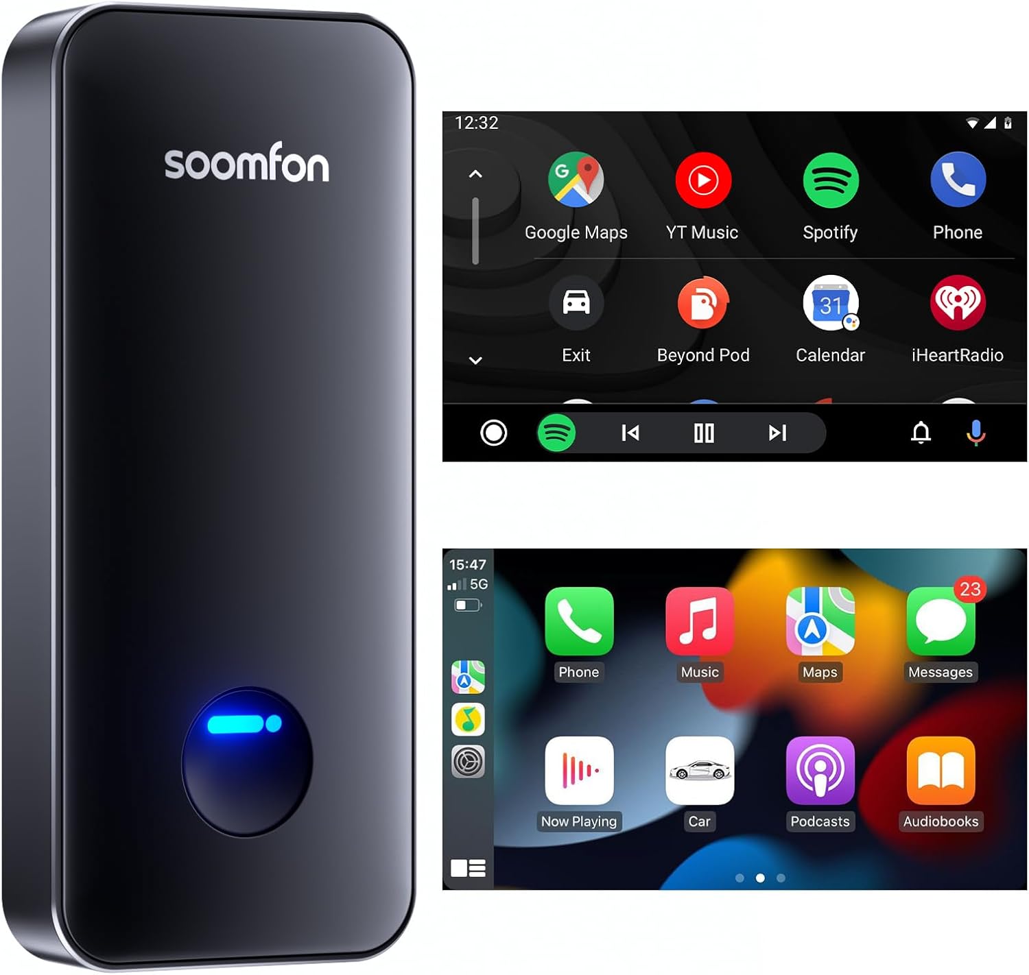 2 in 1 CarPlay & Android Auto Wireless Adapter, SOOMFON 5.8Ghz drahtlos
