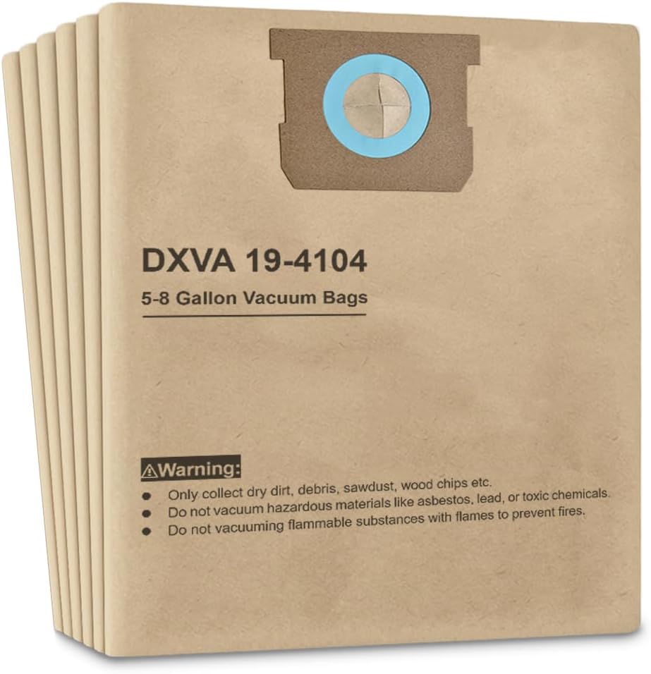 12 Pack DXVA19-4104 Vacuum Bags Compatible with DEWALT 5 to 8 Gallon Wet/Dry Vacuum For DXV05P, DXV06PL, DXV08S, Disposable Vacuum Filter Bags (12 Pack)