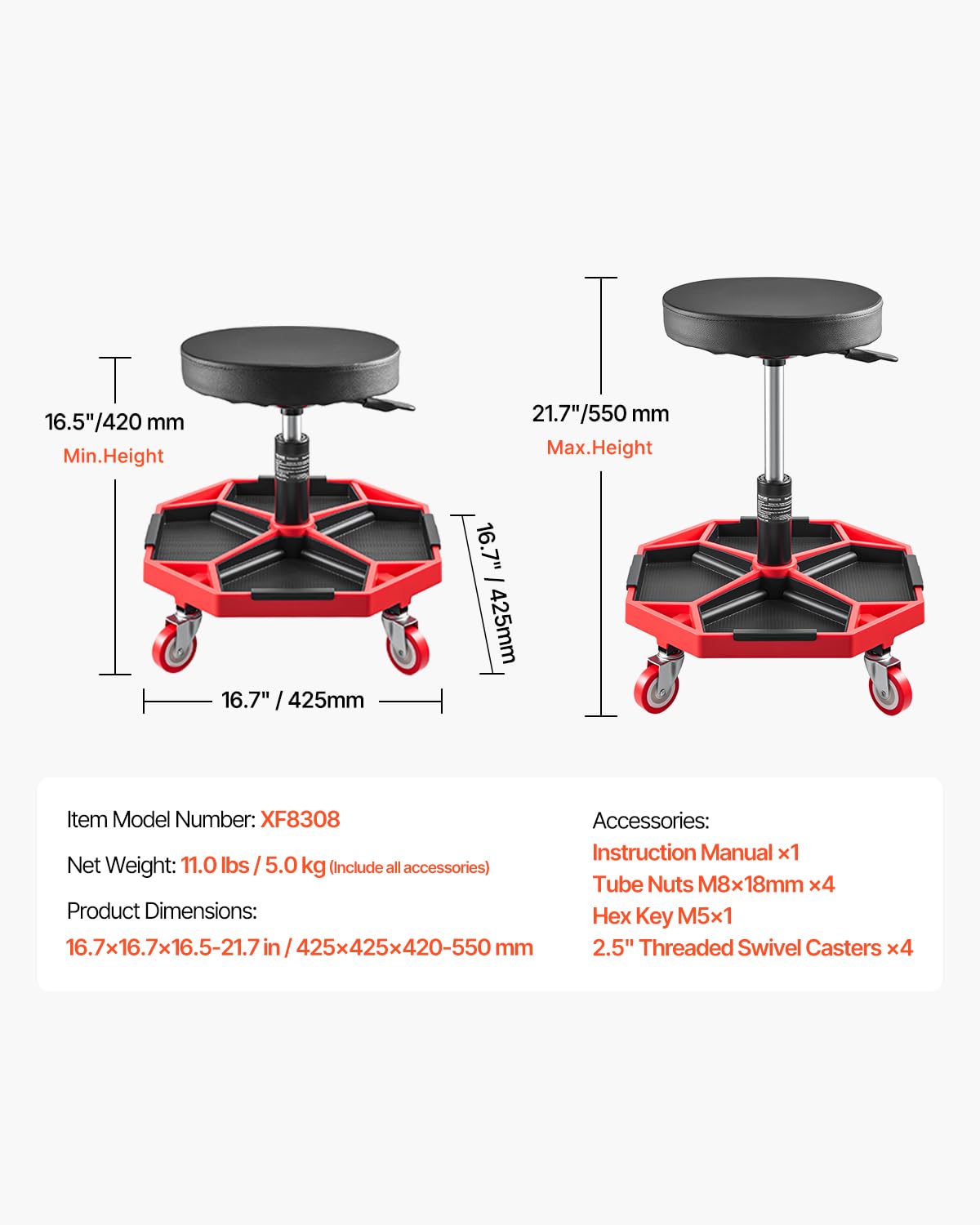 VEVOR Tabouret d'Atelier Mobile, Tabouret de Mécanicien sur roulettes Capacité de Charge 136 kg, Hauteur Réglable, avec Plateaux à Outils, pour Entretien Réparation Automobile Garage, Noir et Rouge