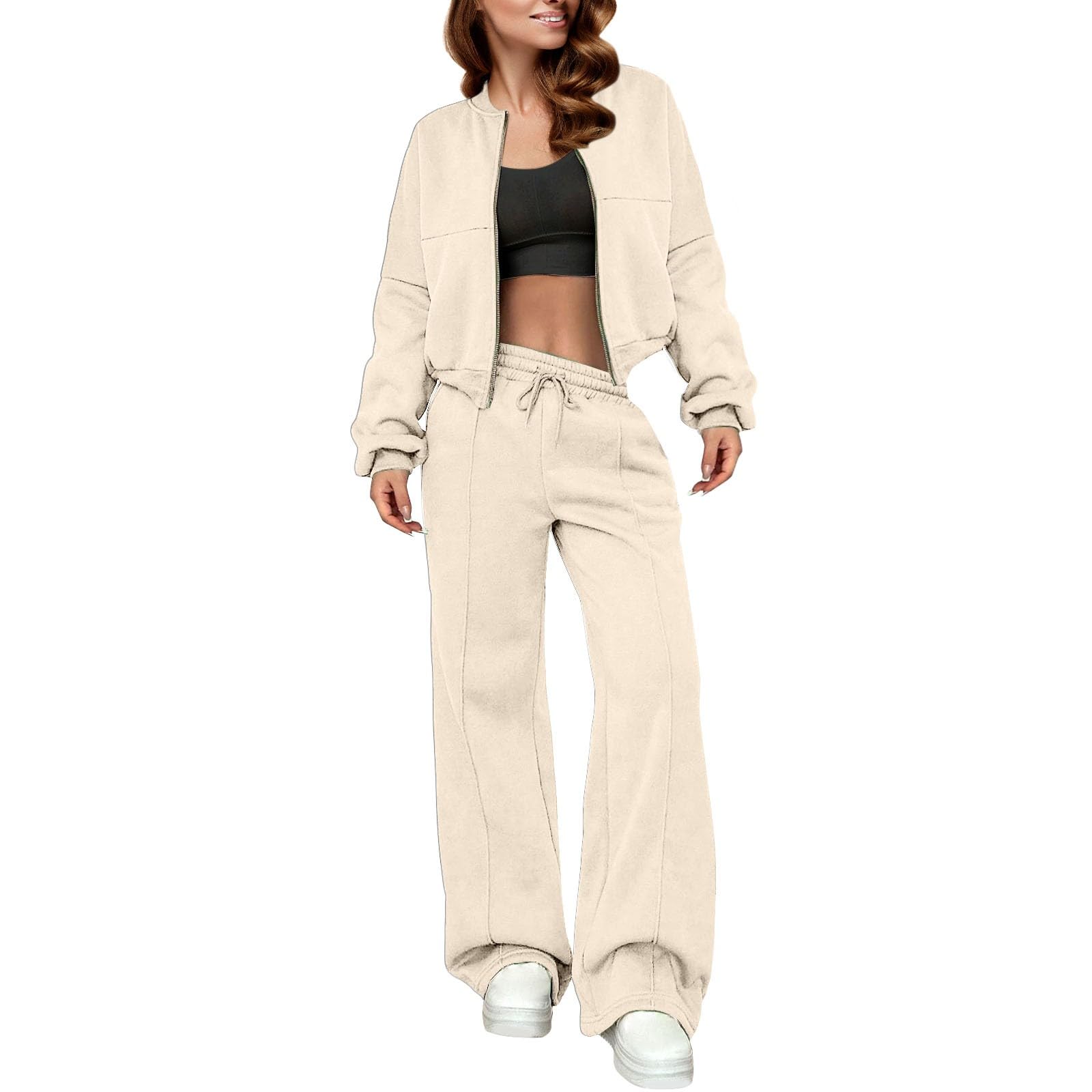 Survêtement de loisirs pour femme - Veste de jogging douillette - Avec fermeture éclair - Manches longues - Couleur unie - Printemps - Tenue de loisirs - Ensemble de loisirs - Tenue de maison