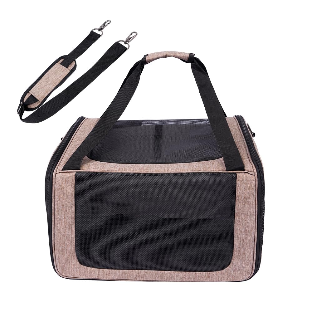 Trasportino per cani e gatti, borsa porta-cane traspirante per animali domestici, trasportino da viaggio con ventilazione, tasche laterali, due porte con tracolla per auto (Marrone, 35x40x45cm)