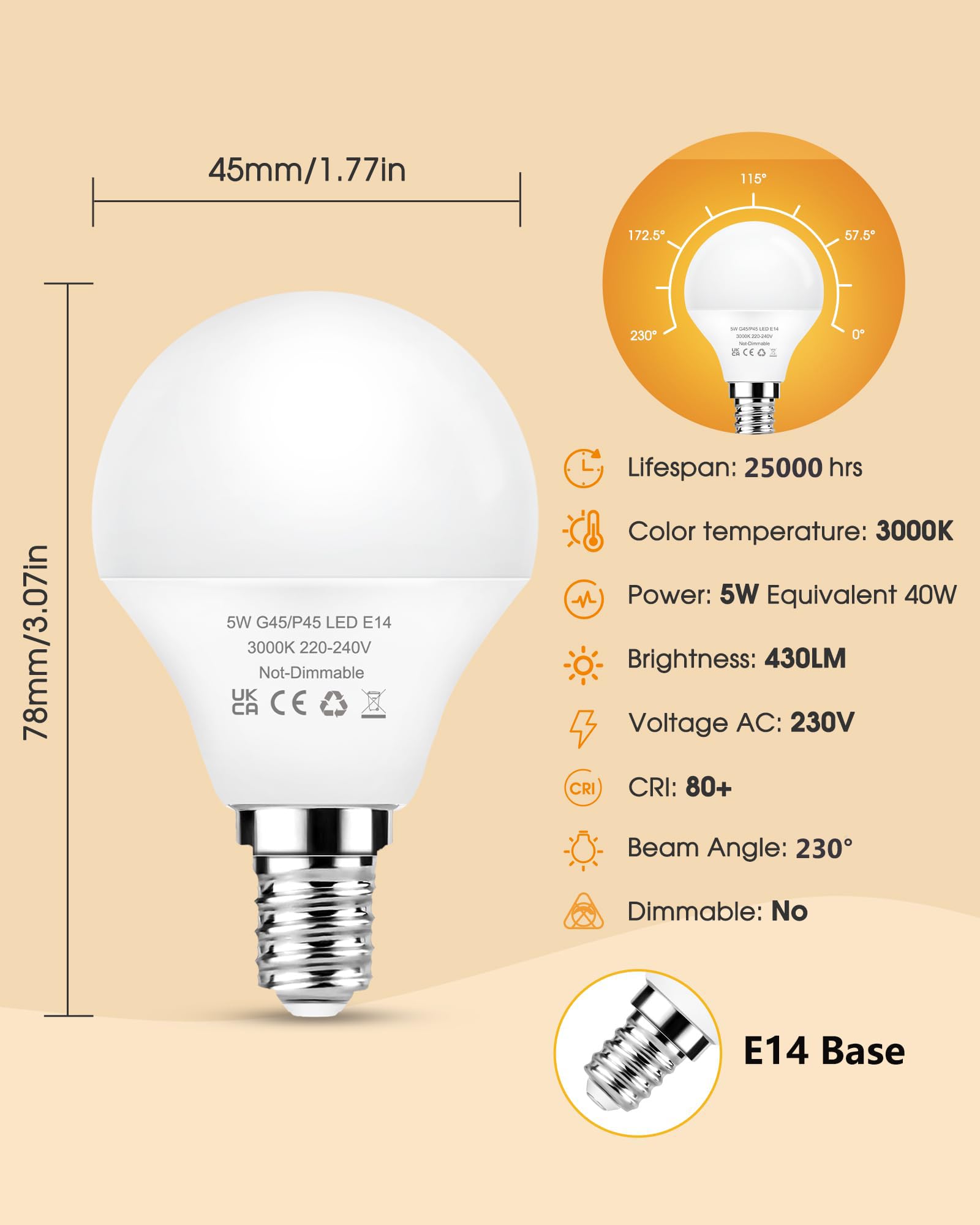 Flaspar Ampoule LED E14, Blanc Chaud 3000K, 5W Équivalent 40W, 6 pièces (Lot de 6)