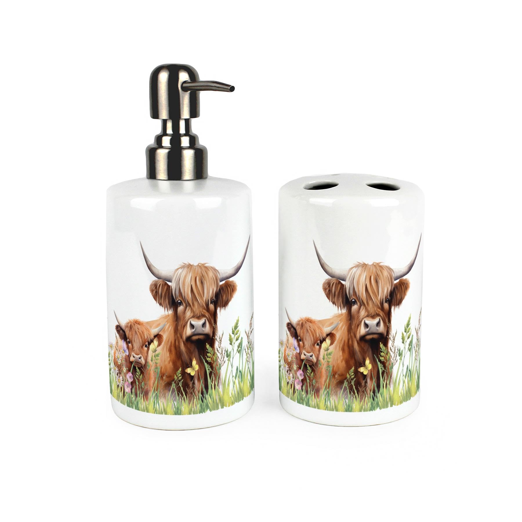 Highland Cow & Calf Bathroom Accessories Set - Countryside Farm Animals Refillable Ceramic Soap Pump Bottle Dispenser & Toothbrush Holder - Washrooom Home Gift Set of 2