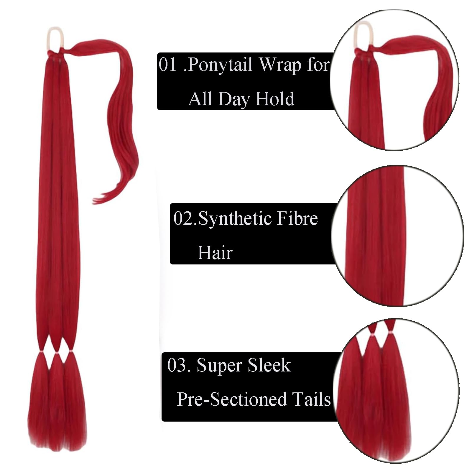 32inch Long Braid Ponytail Extension Straight Sleek Wrap Around Braid Hair Extensions Ponytail Synthetic Hair Pieces for Women Girls (Red) - Image 4