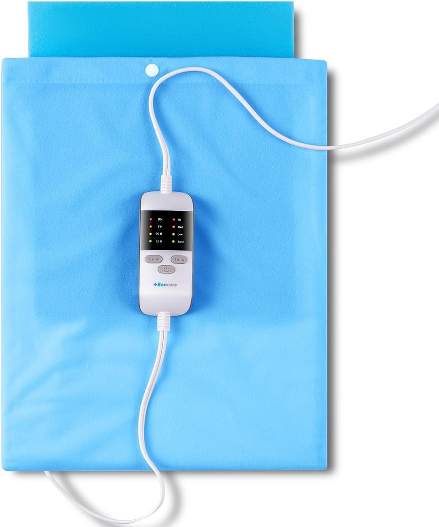 Boncare® Vinyl Small Heating Pad 3 Timers and Stay on for Back Pain Relief and Cramps, 4 Temperature Settings Hot Electric Heat Pad with Washable Cover Blue (12"x 15")