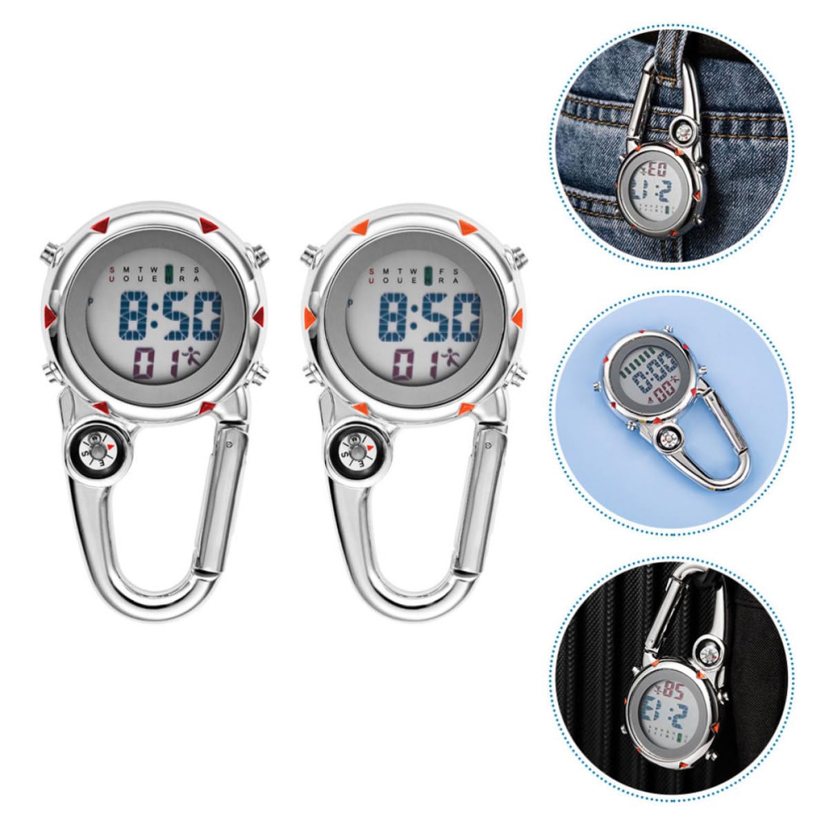 Cabilock 2 Piezas Reloj de Bolsillo Digital Clip, Reloj Hebilla, Acero Inoxidable, Función Luminosa, Portátil, Pila Botón Incluida, para Actividades al Aire Libre y Aventura