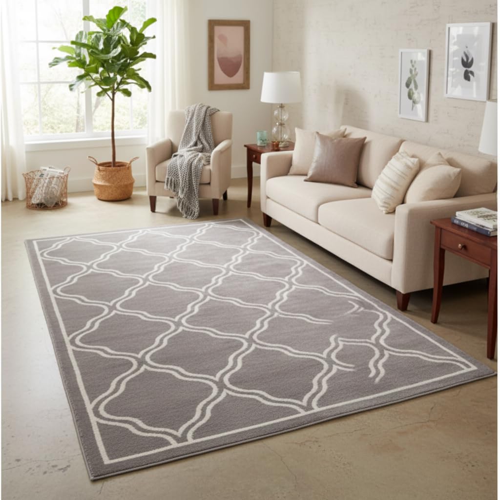 Grey Trellis Area Rug Classic Lattice Flat Woven Carpet Lightweight Shed Resistant Polypropylene with Hessian Backing Living Room Bedroom Contemporary Floor Rug 160cm x 230cm