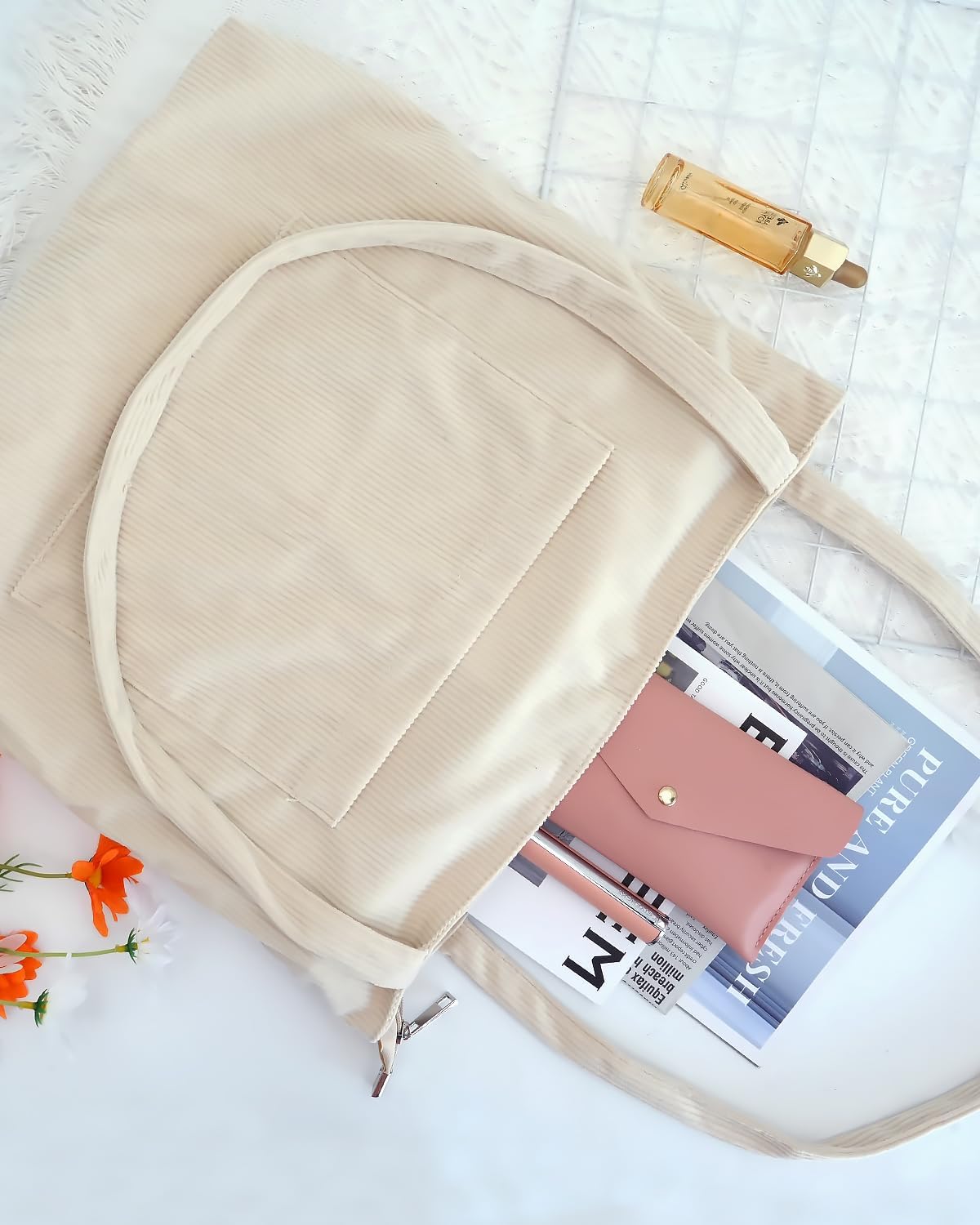 MAMUNU Corduroy Tote Bags for Women, Large Capacity Shoulder Handbag, Women Tote Bag with Pockets for Shopping Travel Office - Image 3