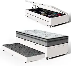 Bicama Box Baú Solteiro com Colchão Espuma D33 Pillow In Anjos Ortosleep + Auxiliar Unique 88cm (Branco)