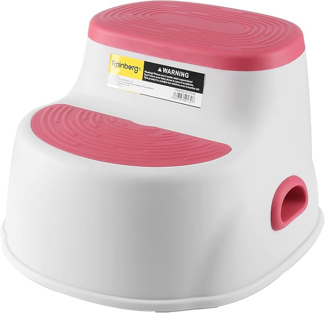 Rainberg 2 Step Stool for Kids, Sturdy Double Step Stool for Toddlers, Anti-Slip Stool for Children,Toddler's Stool for Potty Training and Use in the Kitchen and Bathroom Easy to Clean (Pink)