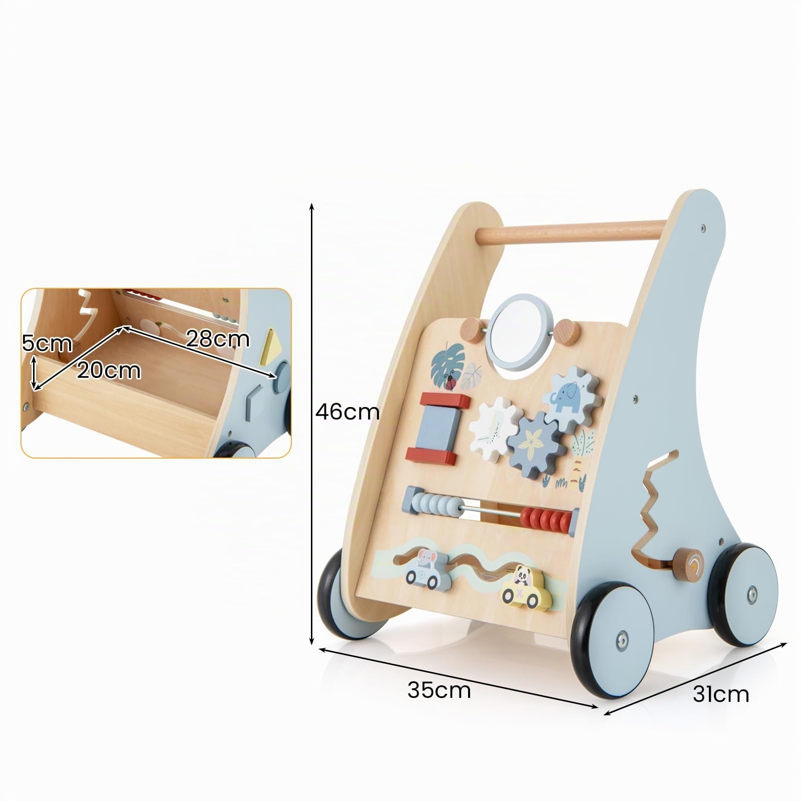 LIFEZEAL Chariot de Marche Bois pour Bébé, Trotteur Bebe Evolutif avec Rangement, Centre d'Activités à 4 Roues, Jouets s’amuser, Baby Walker 2+ ans
