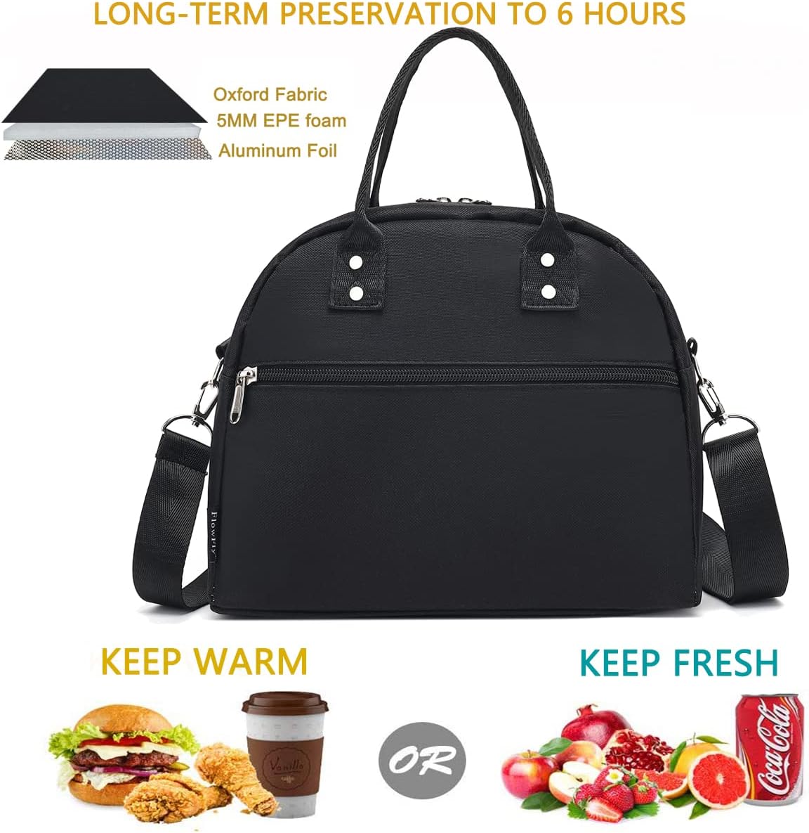 FlowFly Insulated Lunch Bag With Shoulder Strap for Women, Men, and Kids, Large and Reusable, Handle, Freezable Work and School Travel Tote and Meal Prep Organizer (Black) image 2