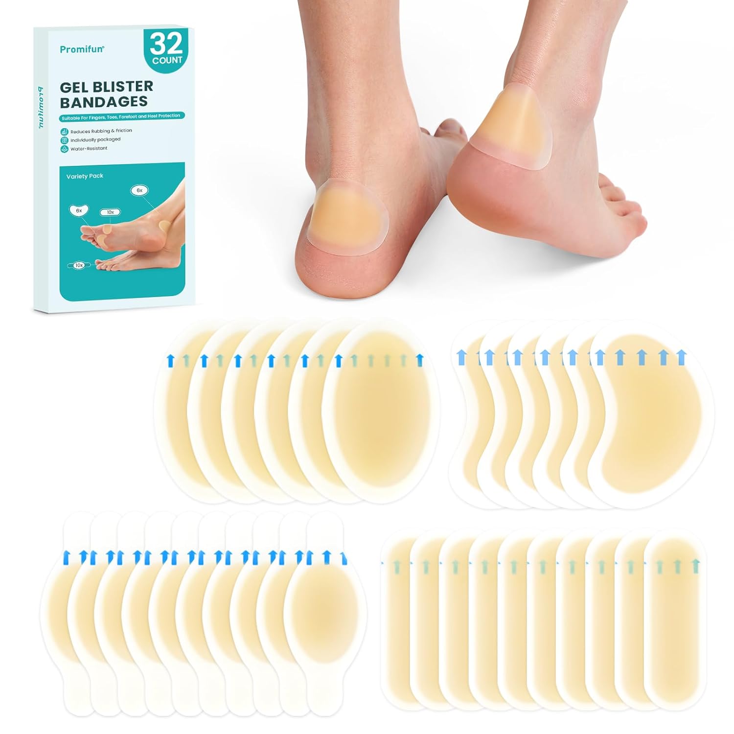 Hydrocolloid Gel Blister Bandages Pads - Variety Pack Promifun 32ct Waterproof Adhesive Blisters Bandages - Blister Pads for