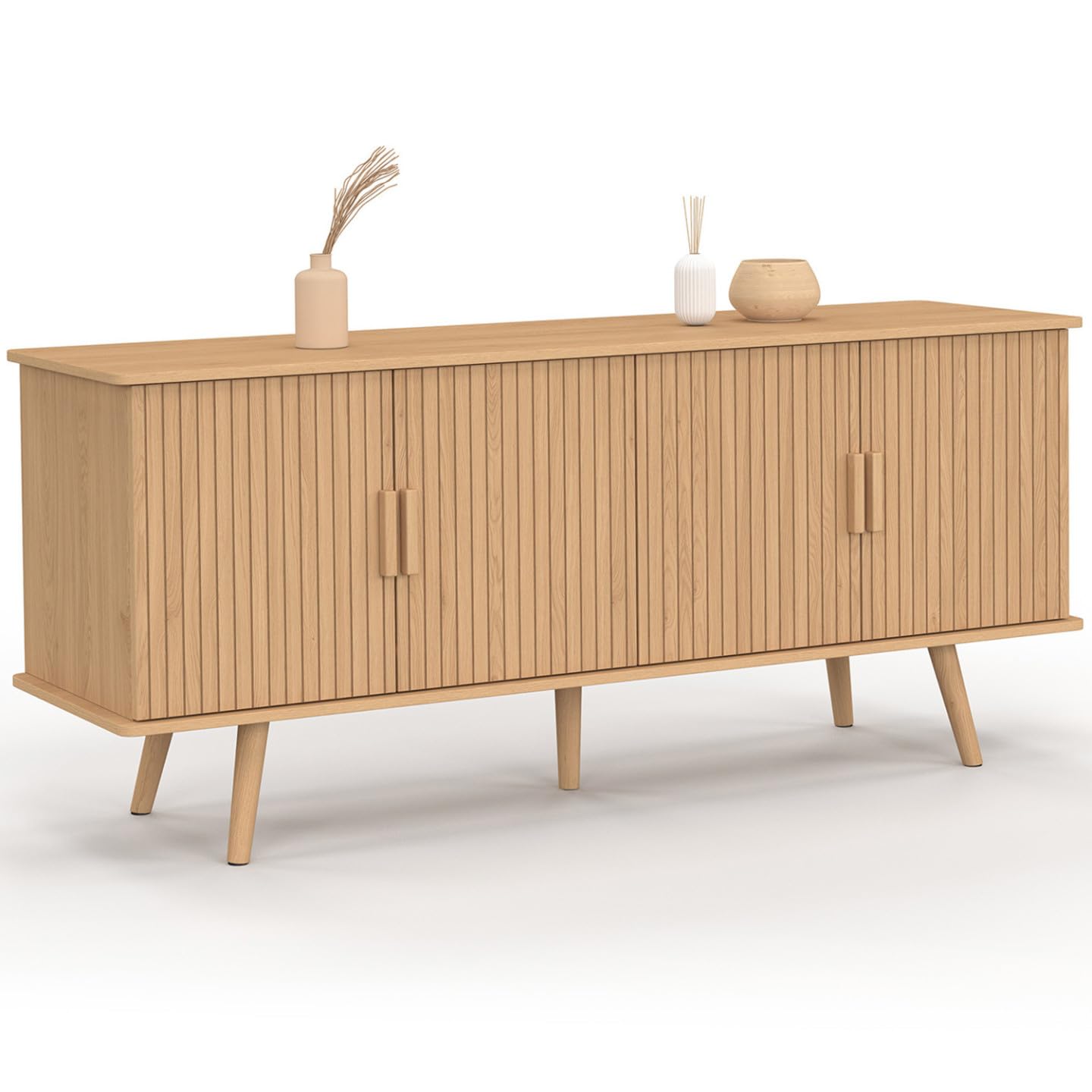 IDMarket - Buffet Bas 140 cm Juliette 4 Portes Effet Lattes tasseau Bois Coloris chêne