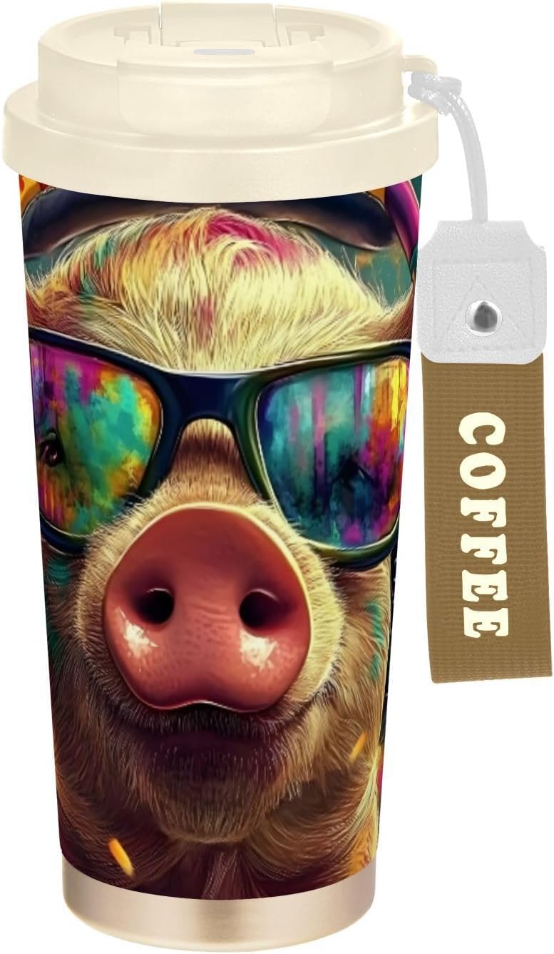 Insulated Coffee Mug Pig Cool Art with Straw & Flip Lid, 16.9oz Iced Tumbler Cup, Double Wall Vacuum Mug for Travel Office Camping