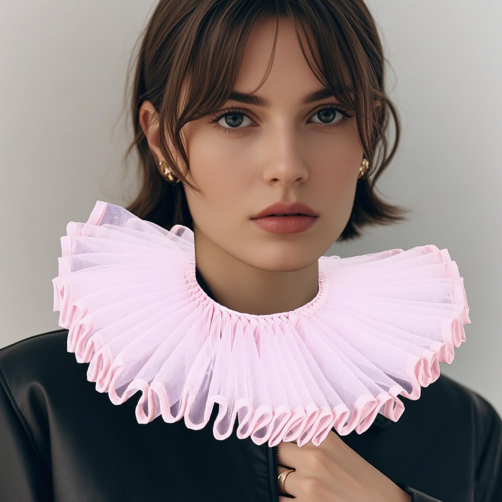 CABODYALS Pink Gathered Tulle False Collar Vintage Victorian Renaissance Medieval Detachable Lace Up Ruff Pleated Transparent Organza Cape Clown Neck Collars for Clothing Accessories Costumes Cosplay - Image 4
