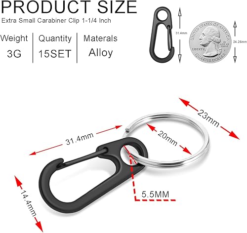 Miniatura 7 de CooBigo 15 juegos de clips pequeños para llaves de paracaídas, gancho para llaves con anillo, 1  de pulgada de metal pequeño mosquetón llavero mini