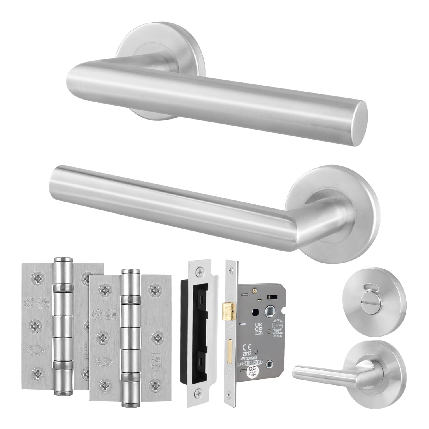 EAI Stainless Steel Door Handles, Bathroom Lock 64mm and Hinge Kit, Satin Lever on Round Rose Handles - Mira Range