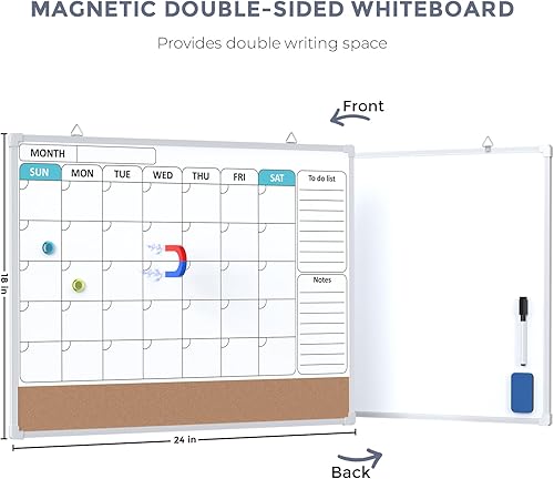 Miniatura 3 de MaxGear Calendario mensual pizarra blanca de corcho de borrado en seco para pared, 24 x 18 pulgadas, de doble cara, de borrado en seco, con tablón