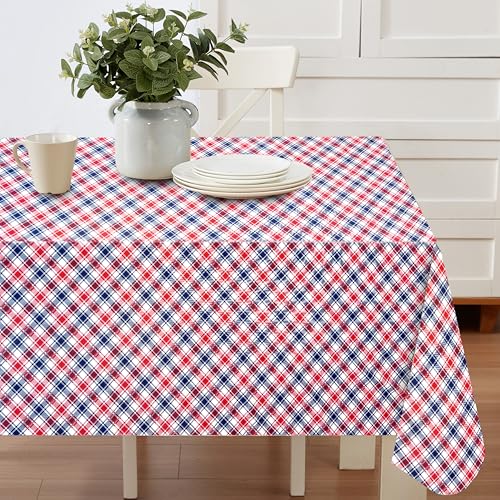 Red, White and Blue Americana Gingham Vinyl Tablecloth – 60 x 84 Inch Rectangle, Waterproof Flannel-Backed Table Cover for Indoor and Outdoor Use, Easy Care Patriotic Picnic and Holiday Decor