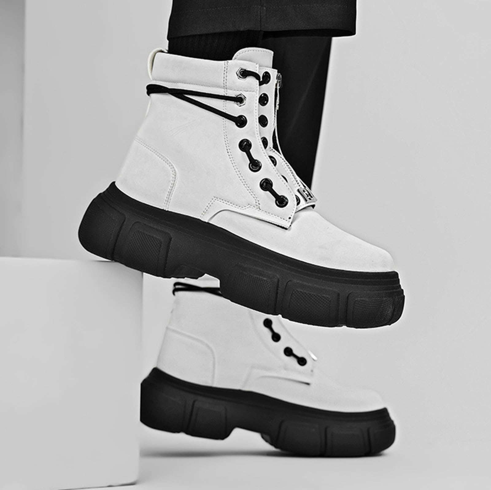 Ankle Boots Damen Leder Stiefeletten Mit Schnürung Plateau Biker Boots
