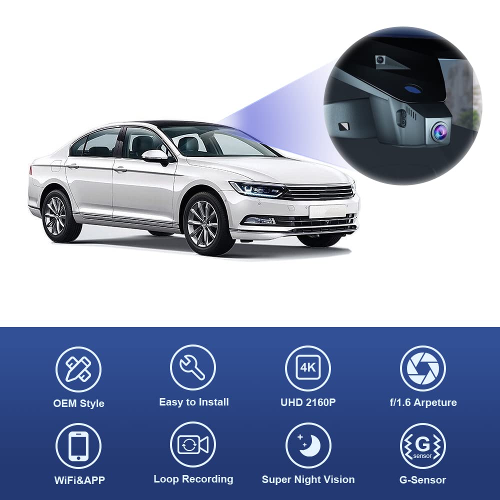 Fitcamx Dashcam Kompatybilny z VW Passat (B8) 2016-2023 (HD2-6113), Kamera samochodowa 4K WiFi 2160P UHD Video, OEM Akcesoria Volkswagen, Czujnik G, Nagrywanie pętli, WDR, Plug Play, Karta 64-GB