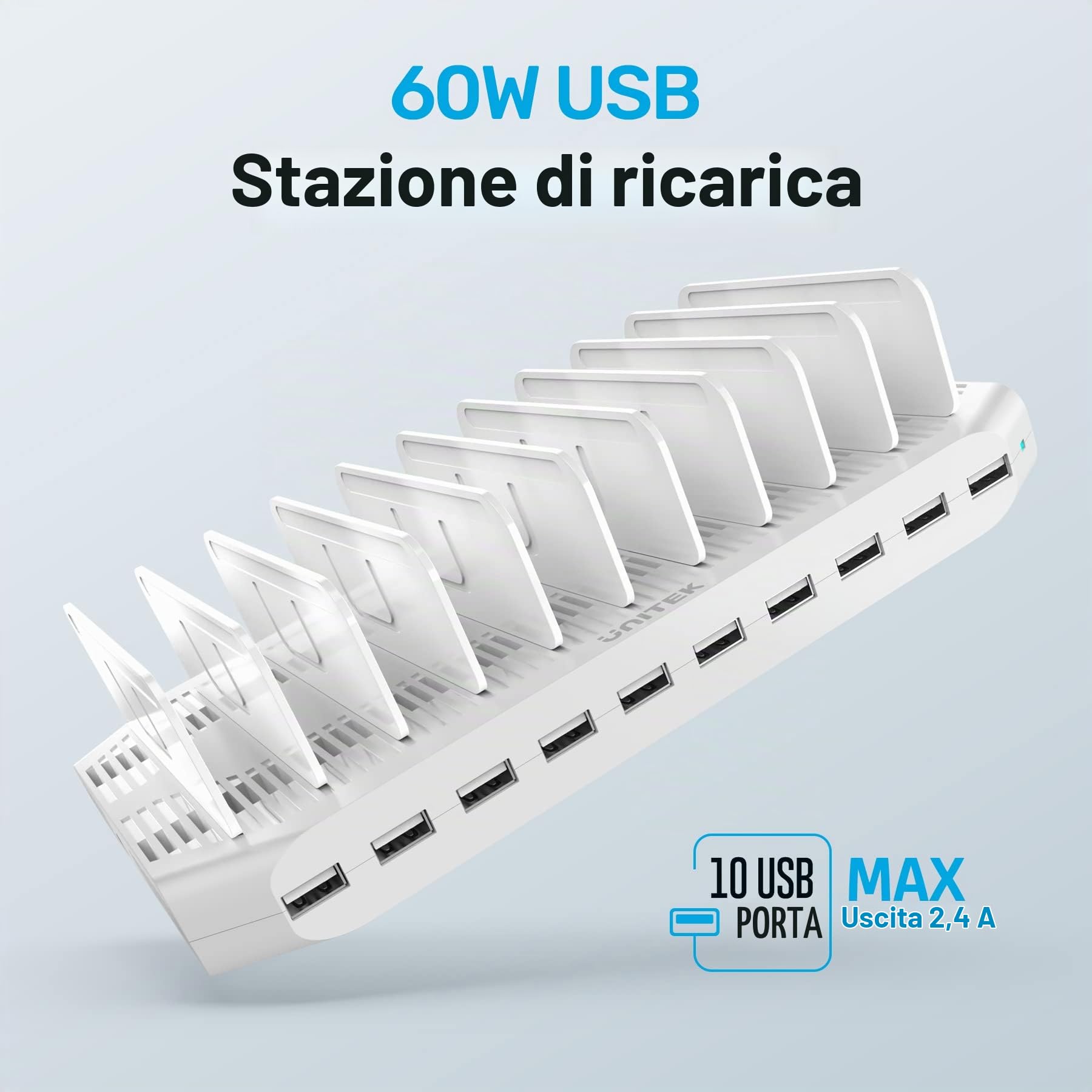 Unitek 60 W, stazione di ricarica USB a 10 porte, stazione di ricarica multipla con SmartIC Tech e compatibile con telefoni, tablet e altri dispositivi
