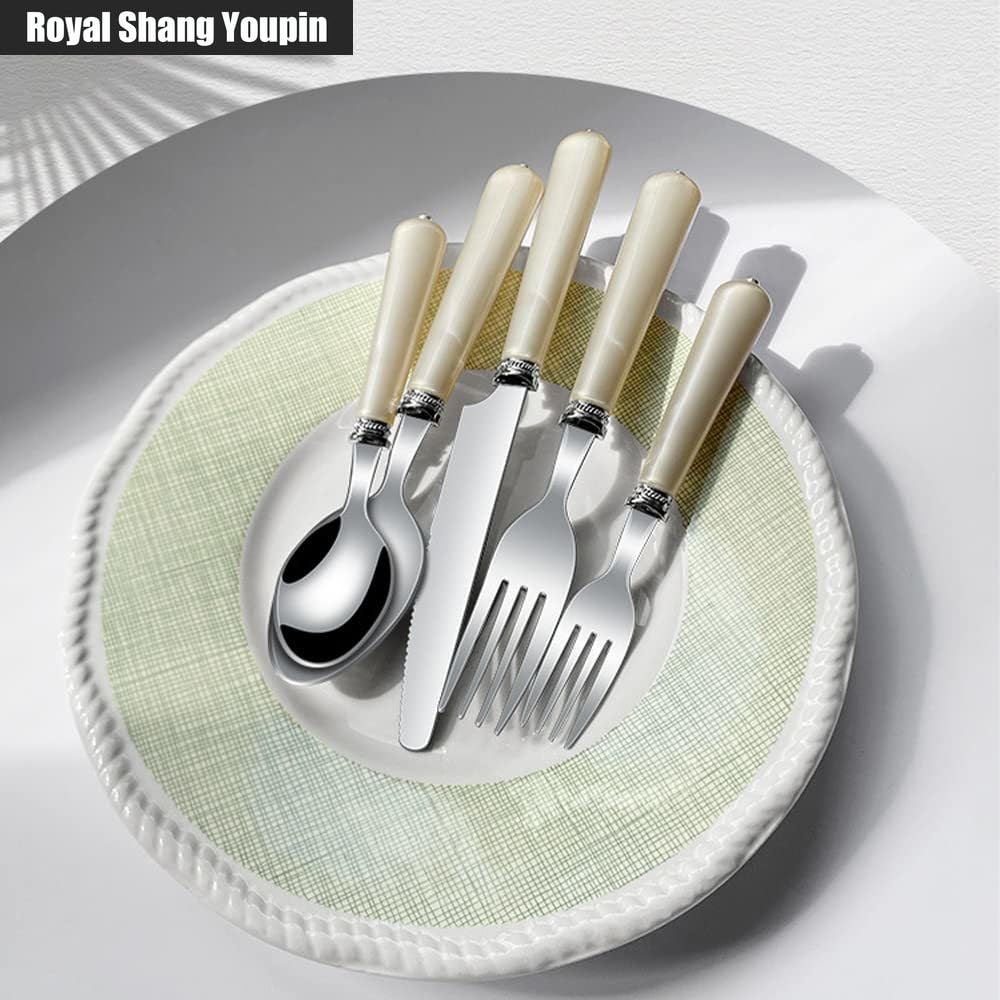 ABS Perle Poignée Cuisine Acier Inoxydable Argenterie Vaisselle Couverts Ensemble De Couverts Couteau À Steak Fourchette Cuillère Cuillère À Café Ustensiles (Beige,20 pièces)