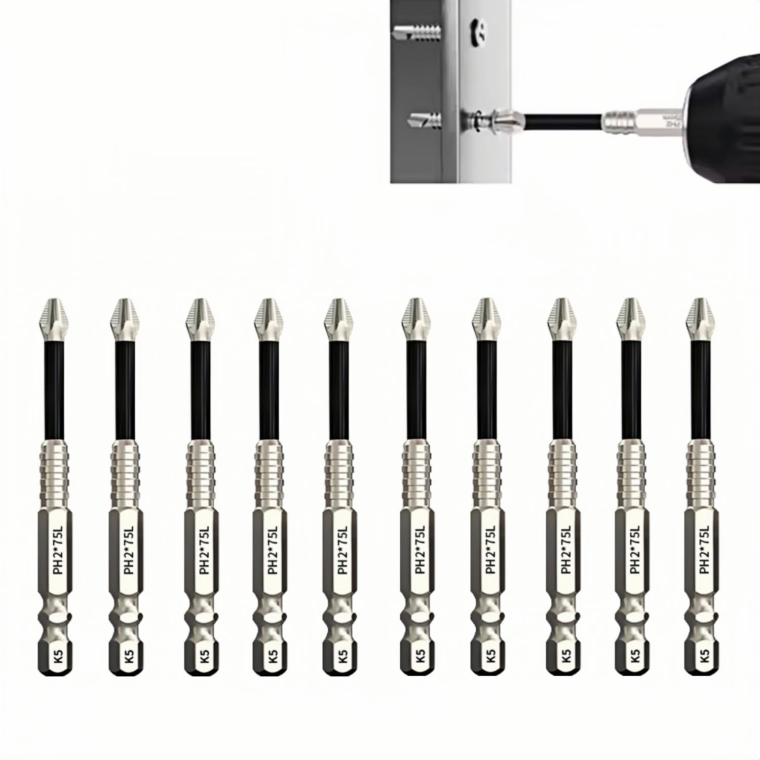 MiJunHD Impact Phillips Screwdriver Drill Bit Set K5 High Magnetic Anti Slip PH2 Screwdriver Bits 1/4 inch 6.35mm Hex Shank Cross Screwdrivers 10Pcs 75mm