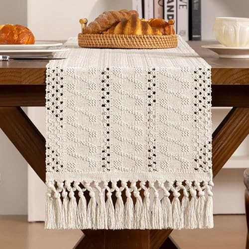 Santaben Beige Boho Macrame Table Runner Rustic Farmhouse Woven Cotton Linen Burlap Table Runners Burlap Table Runners with Tassels for Dining & Bedroom Home Decor 11x35 Inches