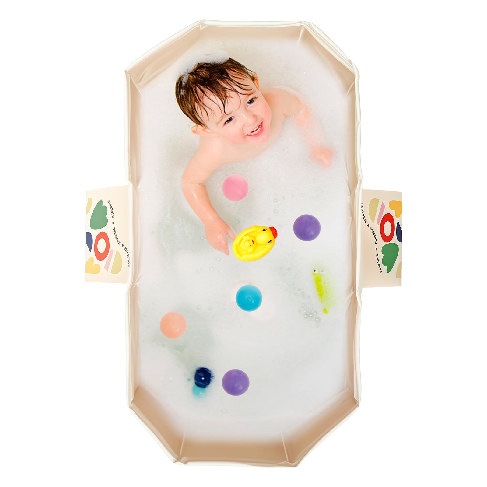 Bañera de bebé plegable, la bañera de bebé plegable con desagüe y pies de soporte, para niños pequeños con 5 bolas, 2 patos, Antideslizante Bebés para Niños de 0 a 5 Años ducha portátil (Tufty White)