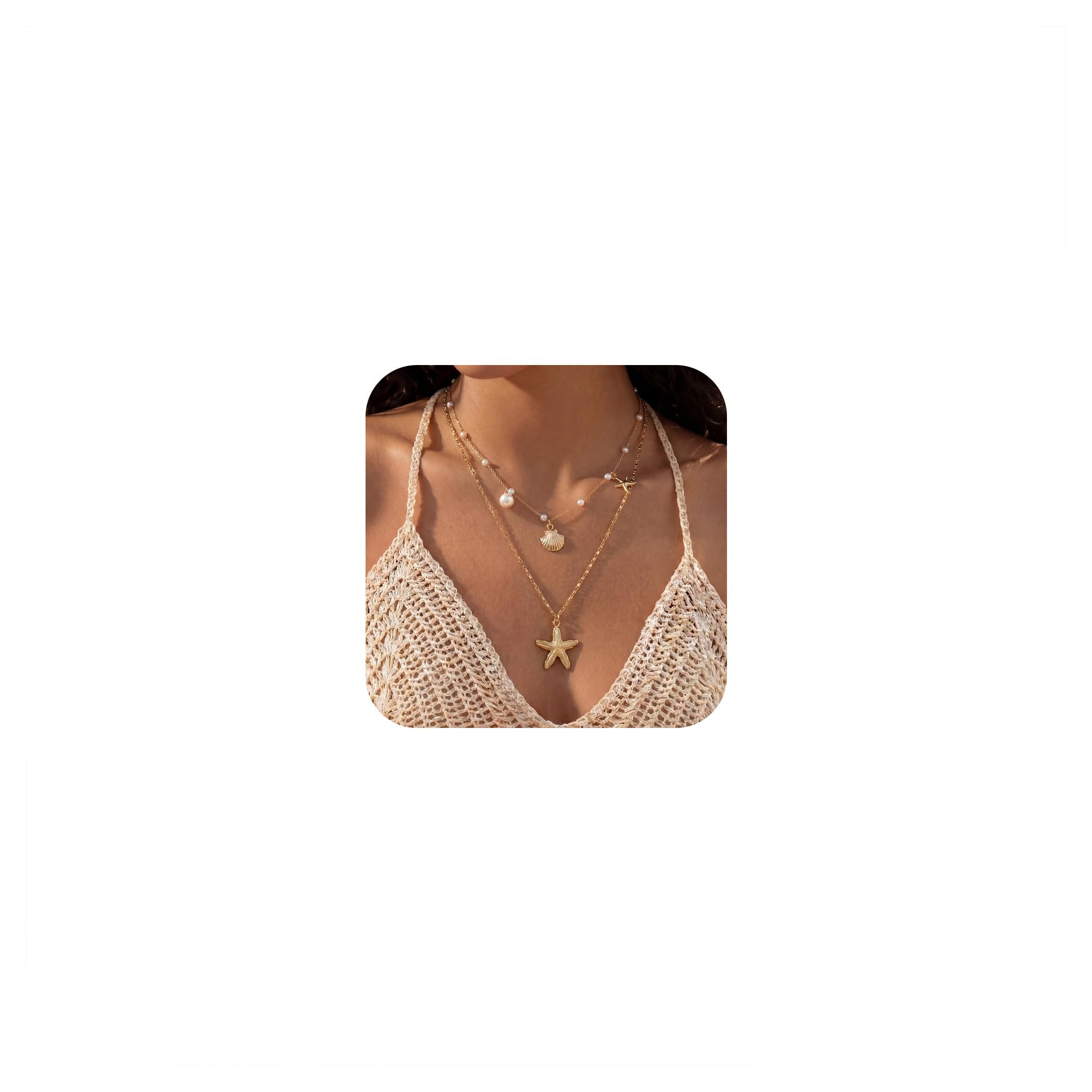 Shell Starfish Necklace for Women, Gold Plated Boho Layered Pendant Necklace with Pearl Conch Charm, Dainty Coastal Summer Beach Vacation Jewelry Gifts