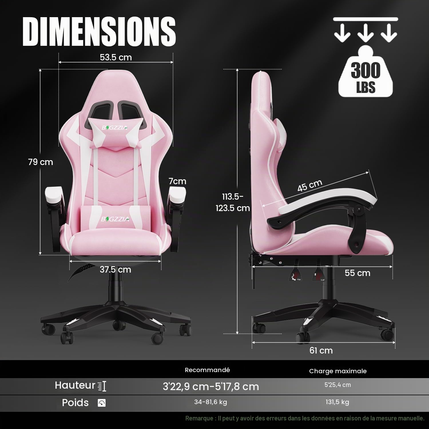 bigzzia Chaise Bureau Chaise Gaming Ergonomique en PU Cuir, Hauteur Réglable, avec Coussin Lombaire et Appui-Tête, Fauteuil Gamer Confortable pour Adultes, Filles et Garçons (Blanc et Rose)