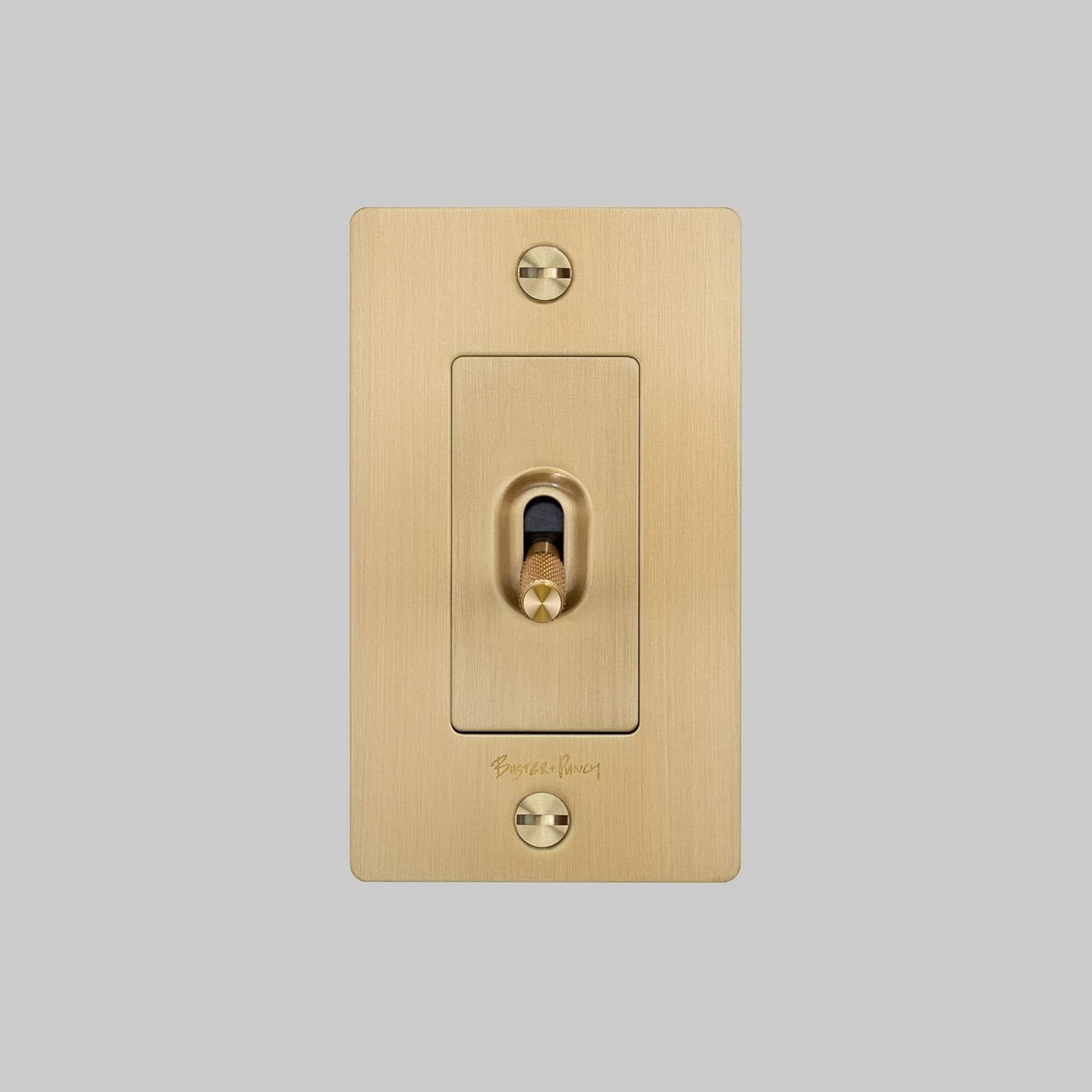 Buster and Punch 1G Light Switch Cross Knurl with Logo in Brass